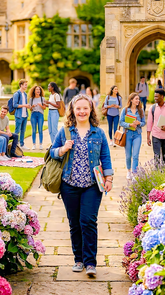 A smiling young woman with Down syndrome strolls across a busy college campus.